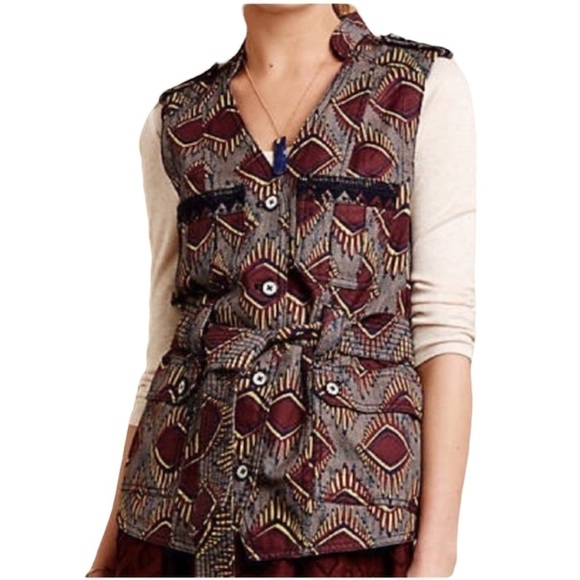 ANTHROPOLOGIE ELEVENSES Vest Women's Size Small Geo Vest Linen Brown Safari - Picture 2 of 13
